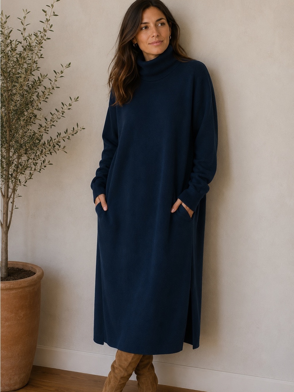 St John vintage 80’s wool rayon blend navy dress turtleneck back zip Longsleeve